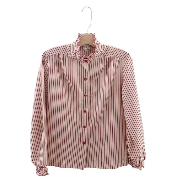 Vintage Styled By Terry 70s Ruffle Neck Striped Blouse Long Sleeve Button Up - Picture 1 of 6
